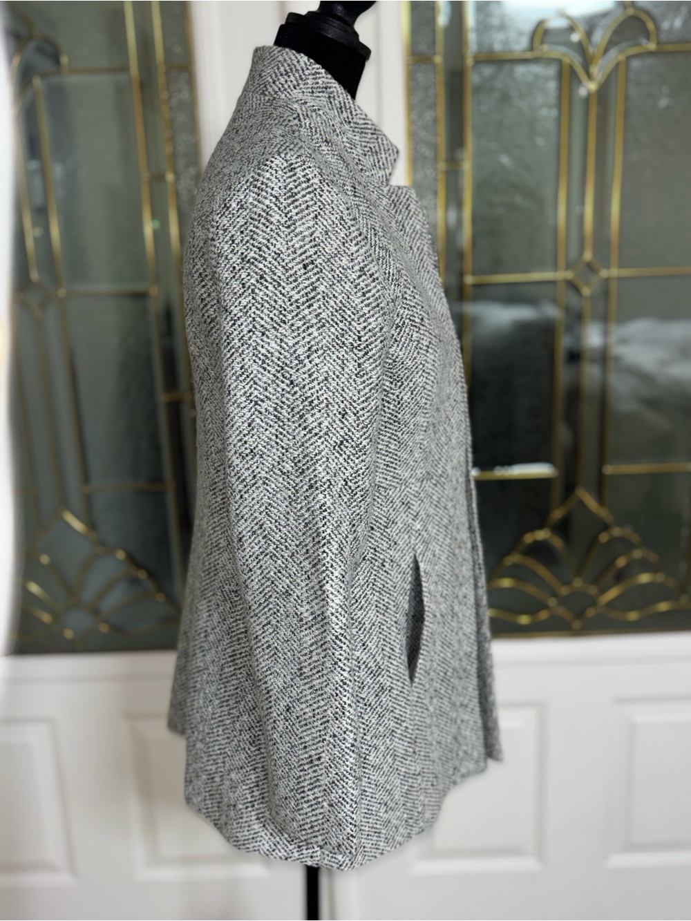 Gray Herringbone Collarless Pea Coat - Picture 5 of 7